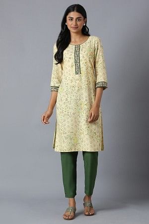 Natural Floral Printed Kurta In Round Neck With Olive Solid Trousers