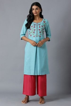 Blue Embroidered Kurta In Round Neck With Pink Straight Palazzo  